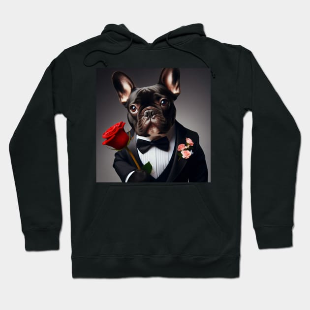 French bulldog in a tuxedo suit and tie with red rose Hoodie by nicecorgi